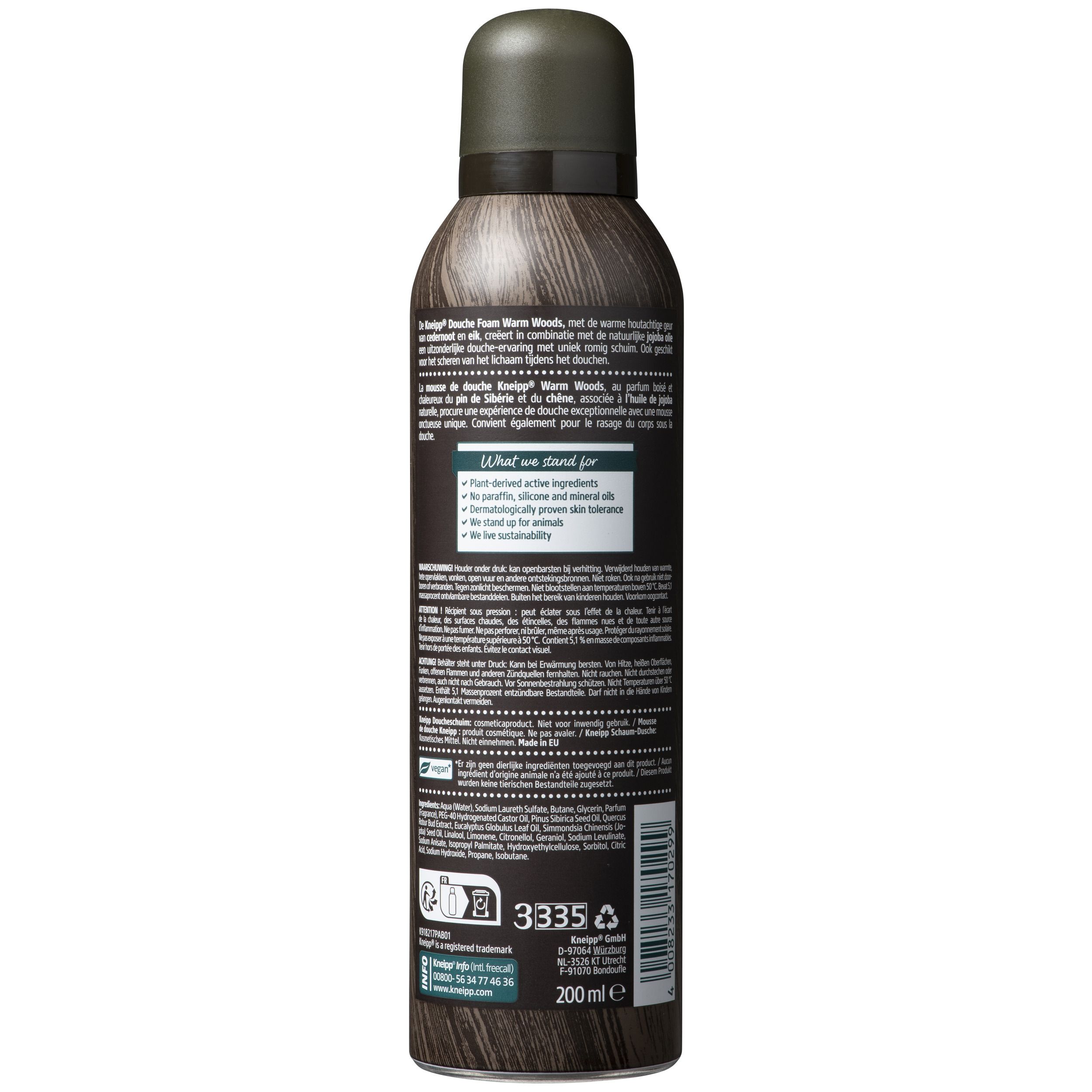 Dos du flacon de mousse de douche Kneipp Men. Texte: ingrédients, informations, logos. 200ml. Symbole de recyclage.