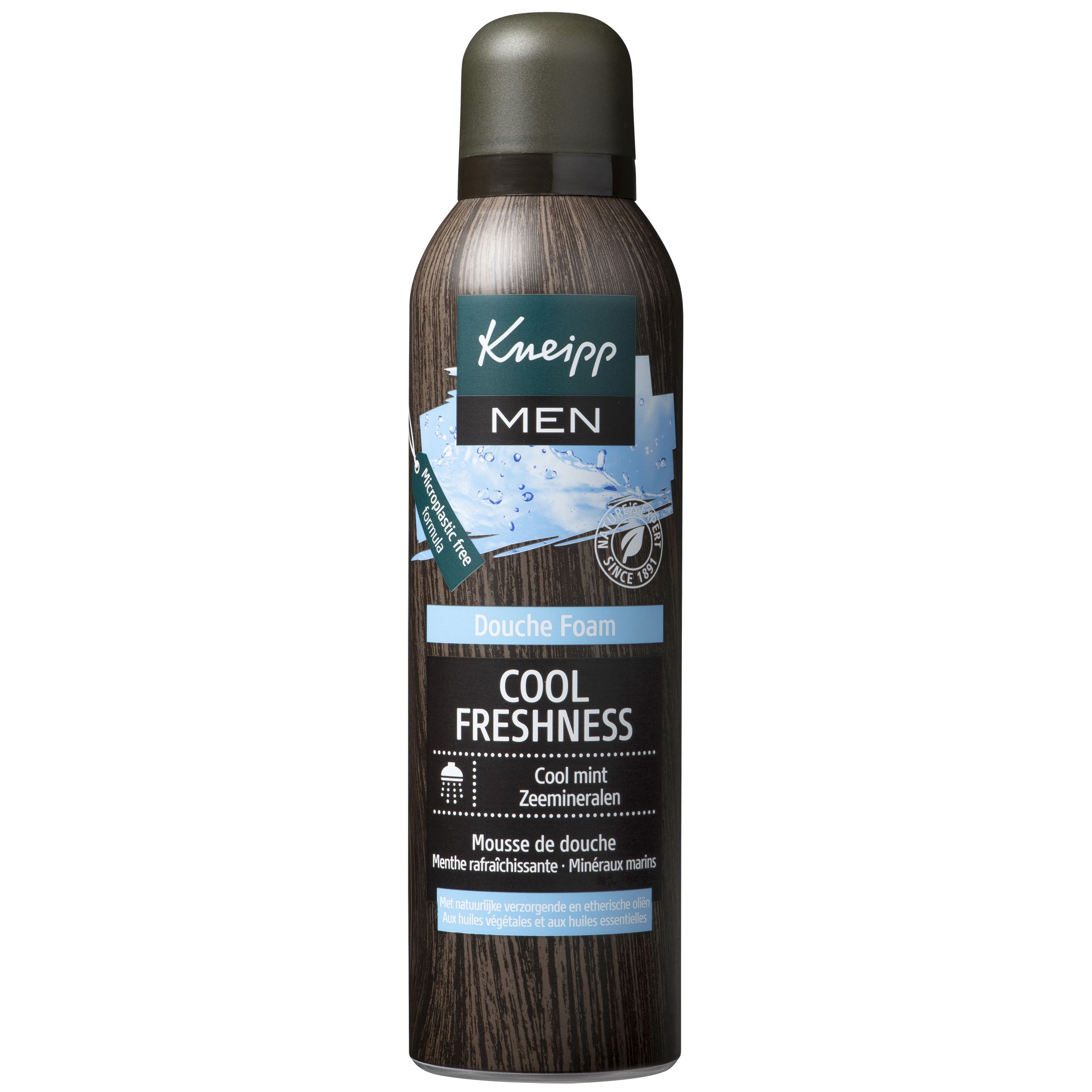 Bruine spuitfles Kneipp Men Cool Freshness. Bevat zeemineralen en munt.