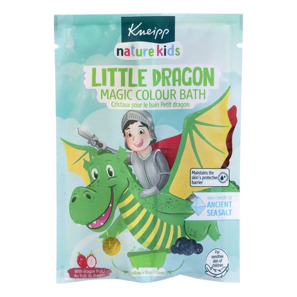 Zakje Kneipp Nature Kids Little Dragon badkristallen. Illustratie van een draak met ridder. Bevat zeezout. Voor de gevoelige huid van kinderen.