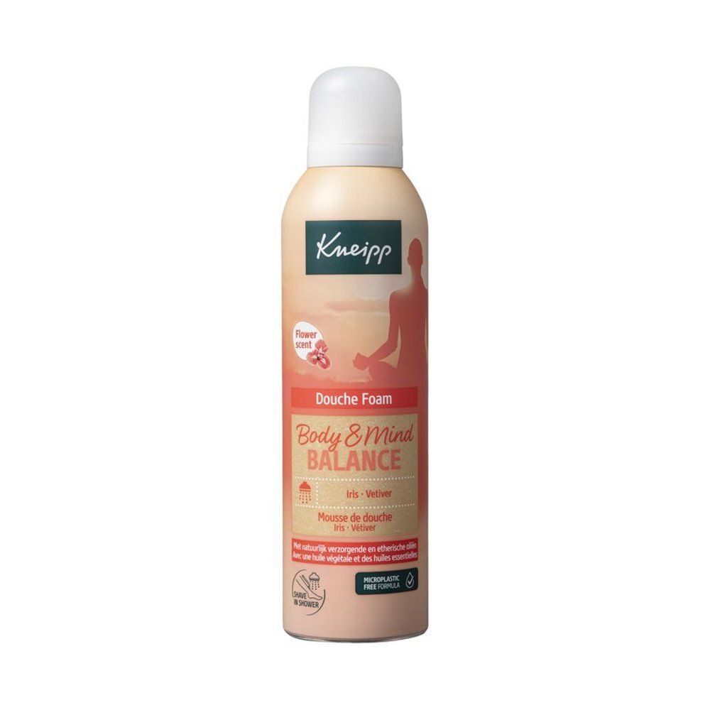 Flacon beige avec bouchon blanc. Inscription Kneipp, Douche Foam, Body & Mind Balance. Illustration d'une personne en position du lotus.