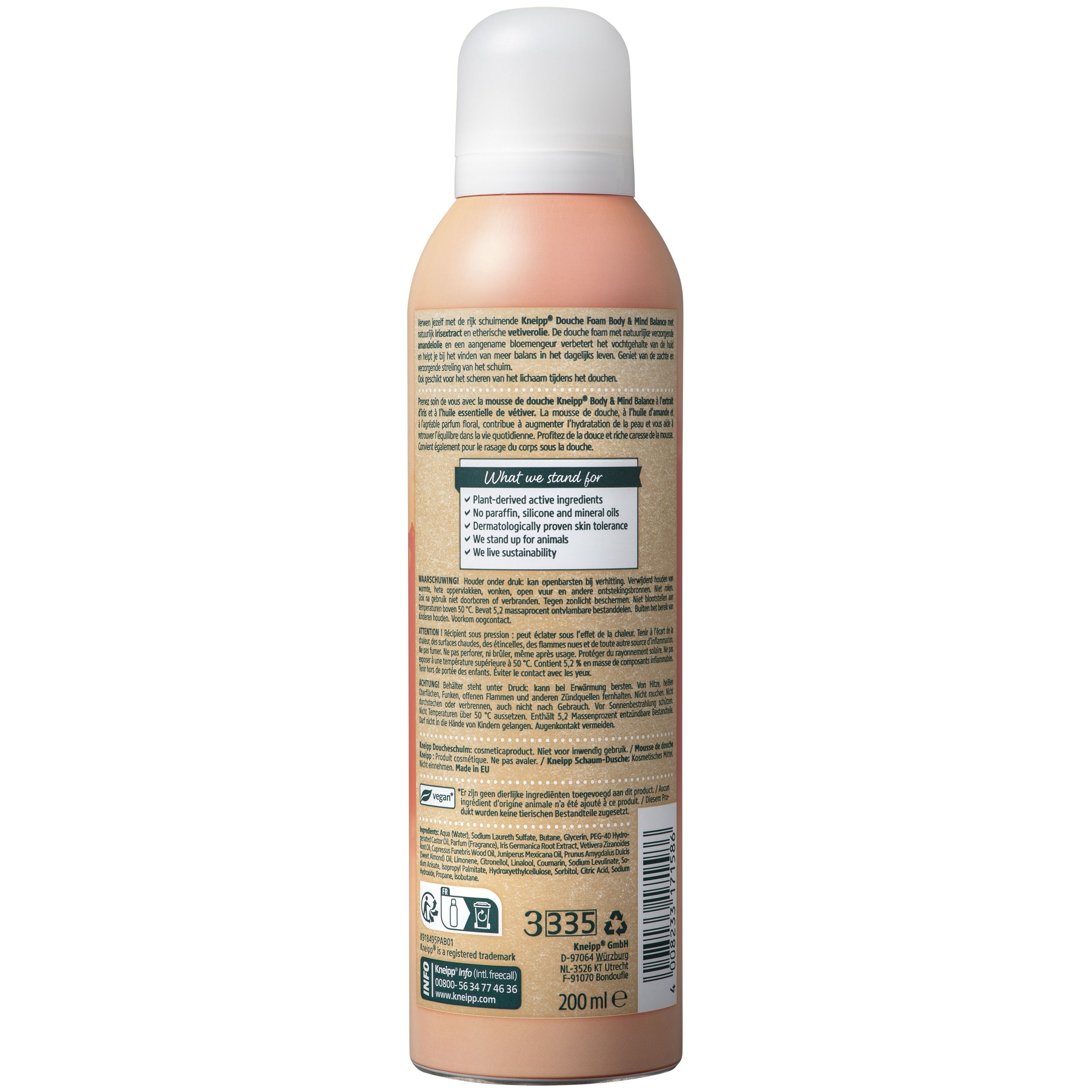 Mousse de douche Kneipp Body & Mind Balance. Flacon rose avec tête blanche. Texte au dos. 200 ml.