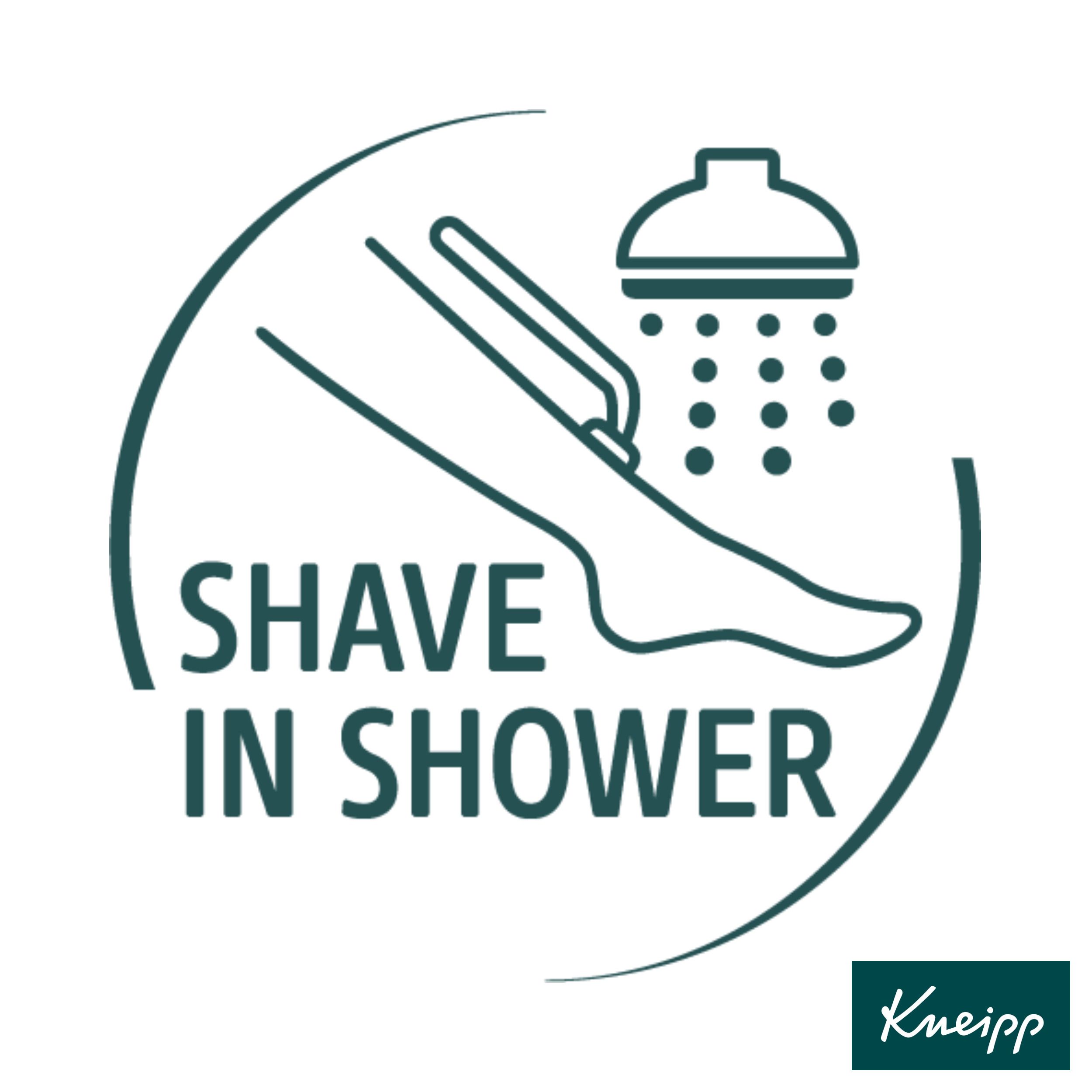 Logo: Scheren onder de douche. Tekst: Shave in Shower. Kneipp logo.