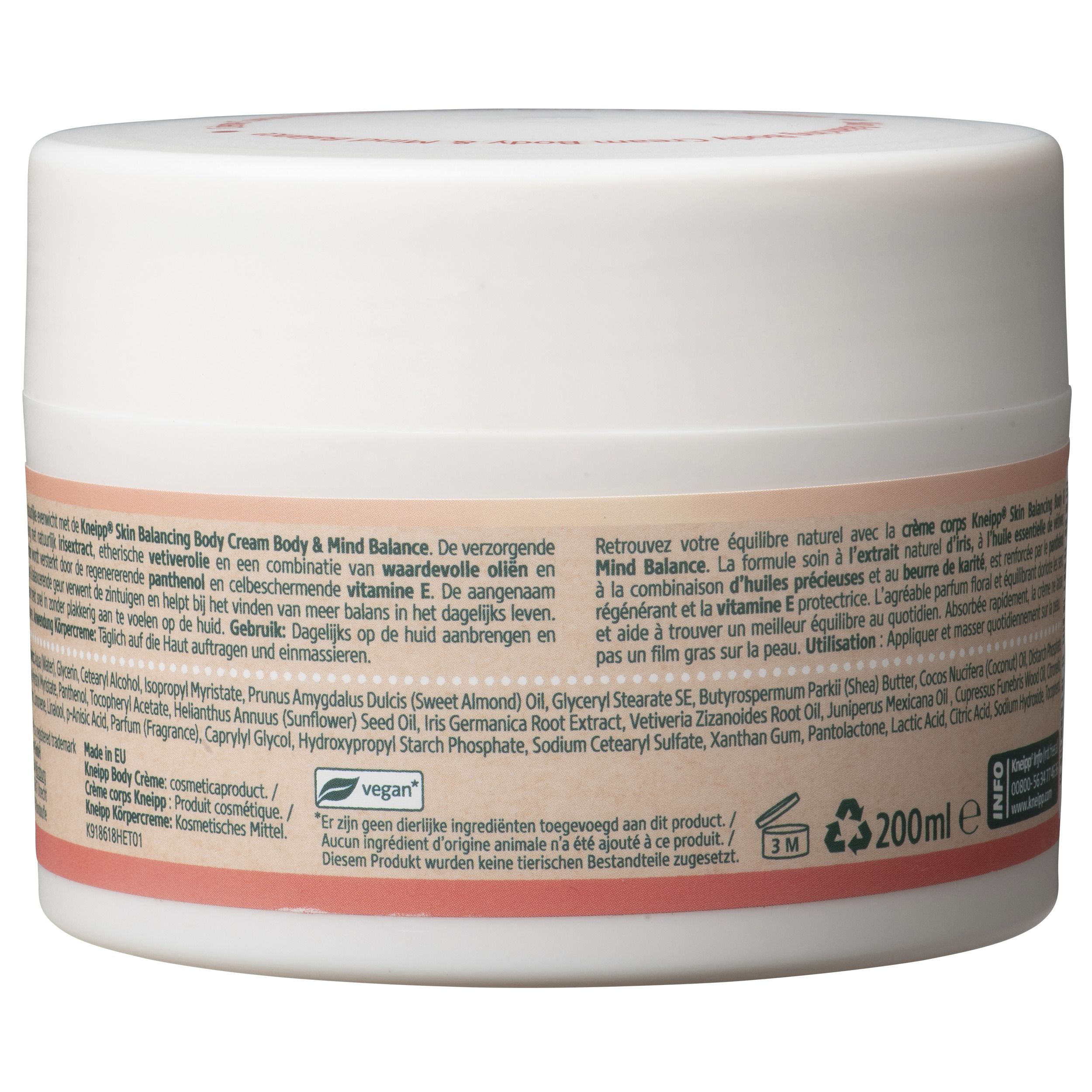 Achterkant van de witte pot. Tekst in meerdere talen. Tekst: Kneipp Skin Balancing Body & Mind Balance. Vegan zegel, 200ml.