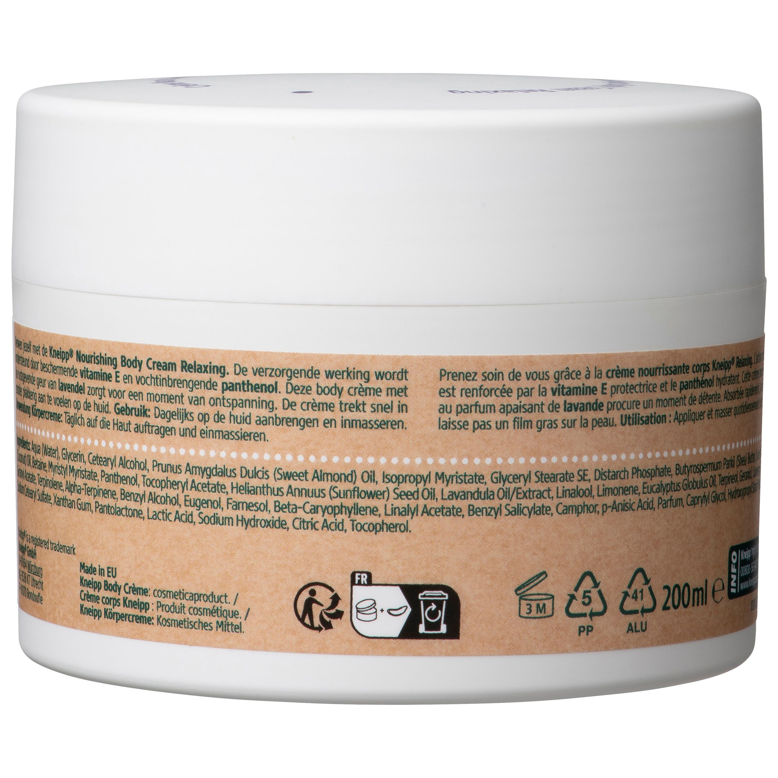 Witte pot, achterkant. Tekst met ingrediënten en productinformatie. Etiket met lavendel illustratie.