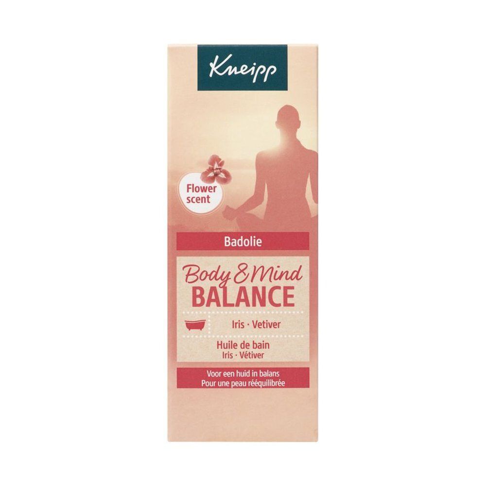Verpakking met opschrift: Kneipp, Body & Mind Balance, Huile de bain. Met iris en vetiver. Met afbeelding van een persoon.