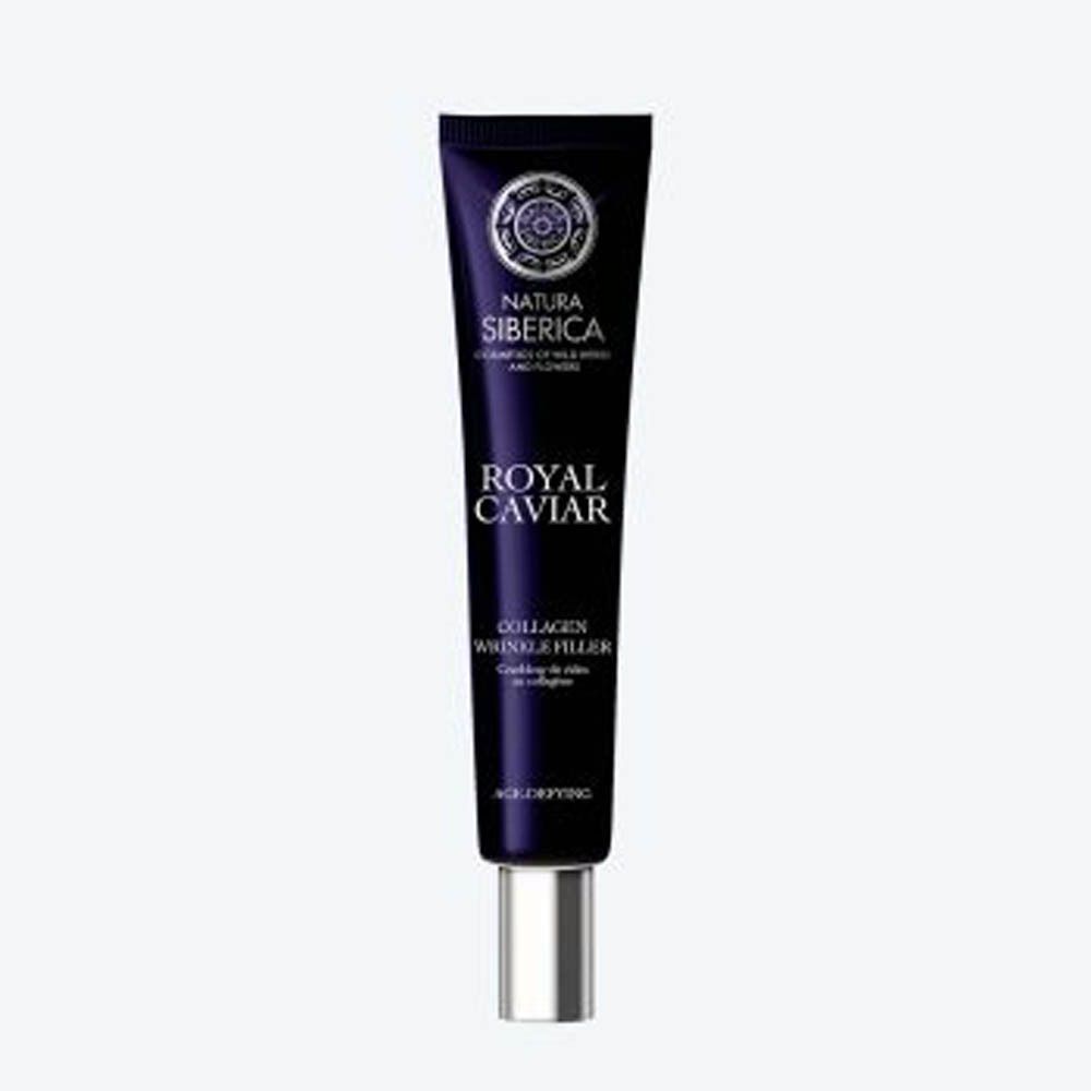 Donkerblauwe tube met zilveren dop. Opschrift: Natura Siberica, Royal Caviar, Collagen Wrinkle Filler.