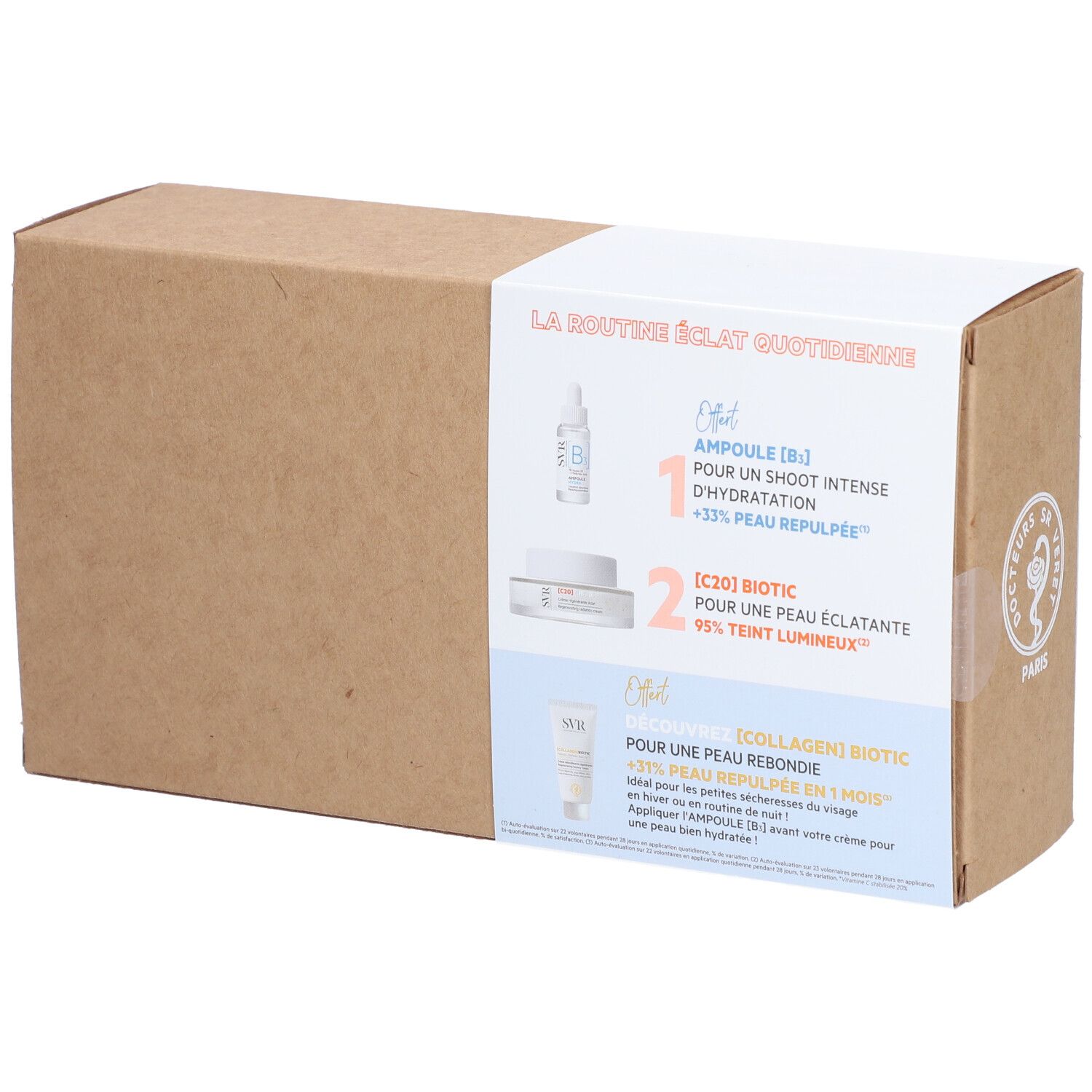 SVR [C20] Biotic cadeauset, bovenaanzicht. Bevat crème, tube en flesje. Tekst: La routine éclat quotidienne.