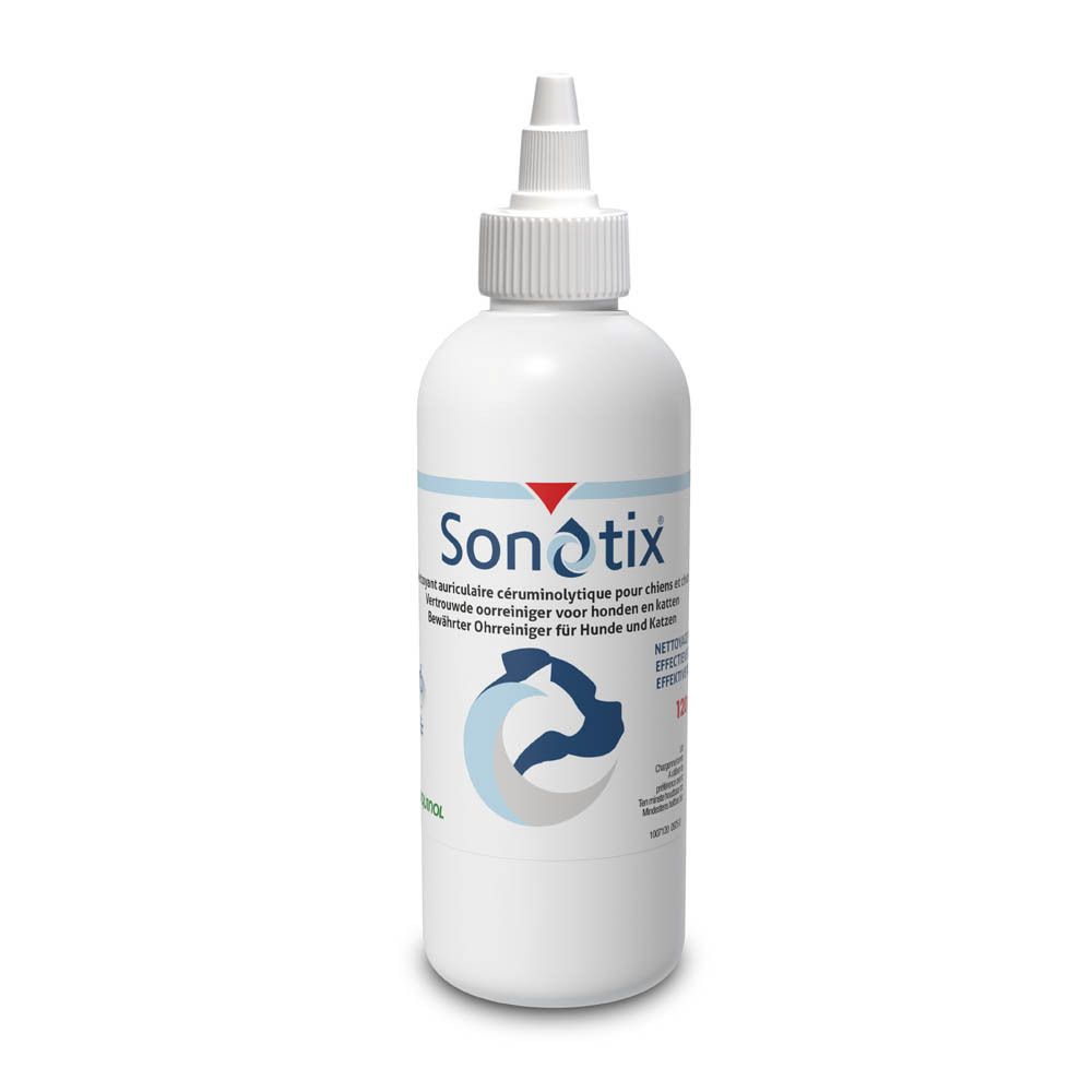 Sonotix Oorreiniger voor honden en katten, 120 ml fles met applicator.