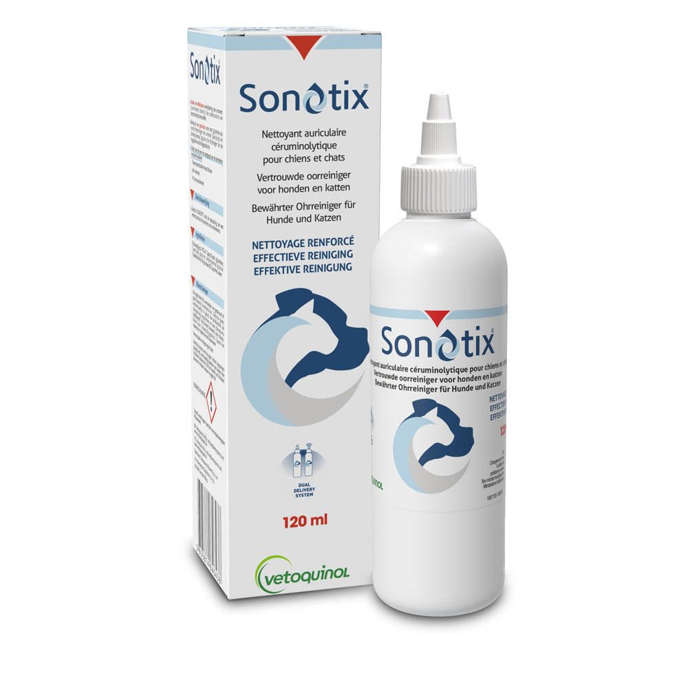 Sonotix Oorreiniger voor honden en katten, fles en doos van 120 ml.