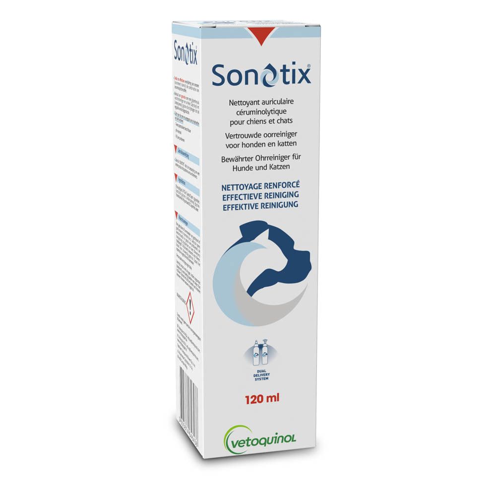 Sonotix Oorreiniger voor honden en katten, 120 ml fles.