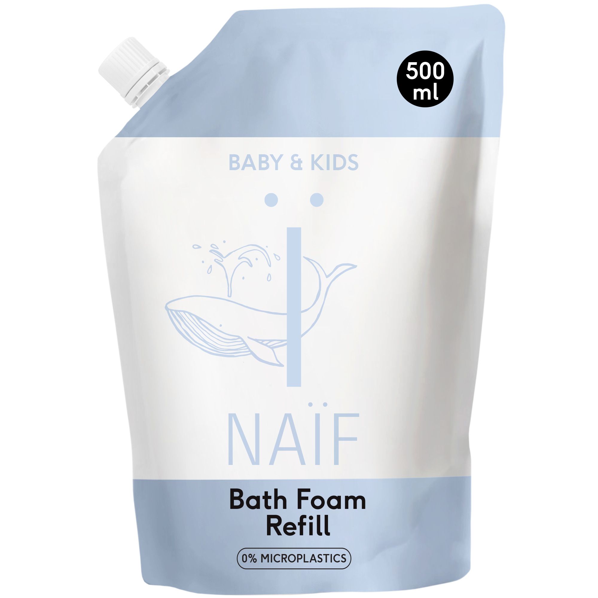 Navulverpakking Baby & Kids badschuim. Witte verpakking met blauwe accenten. 500 ml. 0% microplastics.