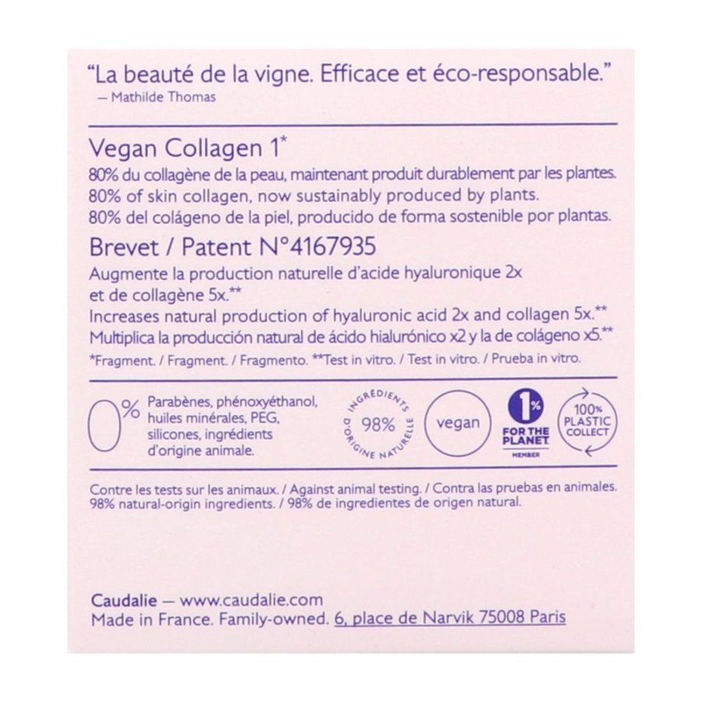 Fond blanc avec texte. Vegan Collagen 1. 98% ingrédients d'origine naturelle. 1% pour la planète. 100% plastique recyclé.