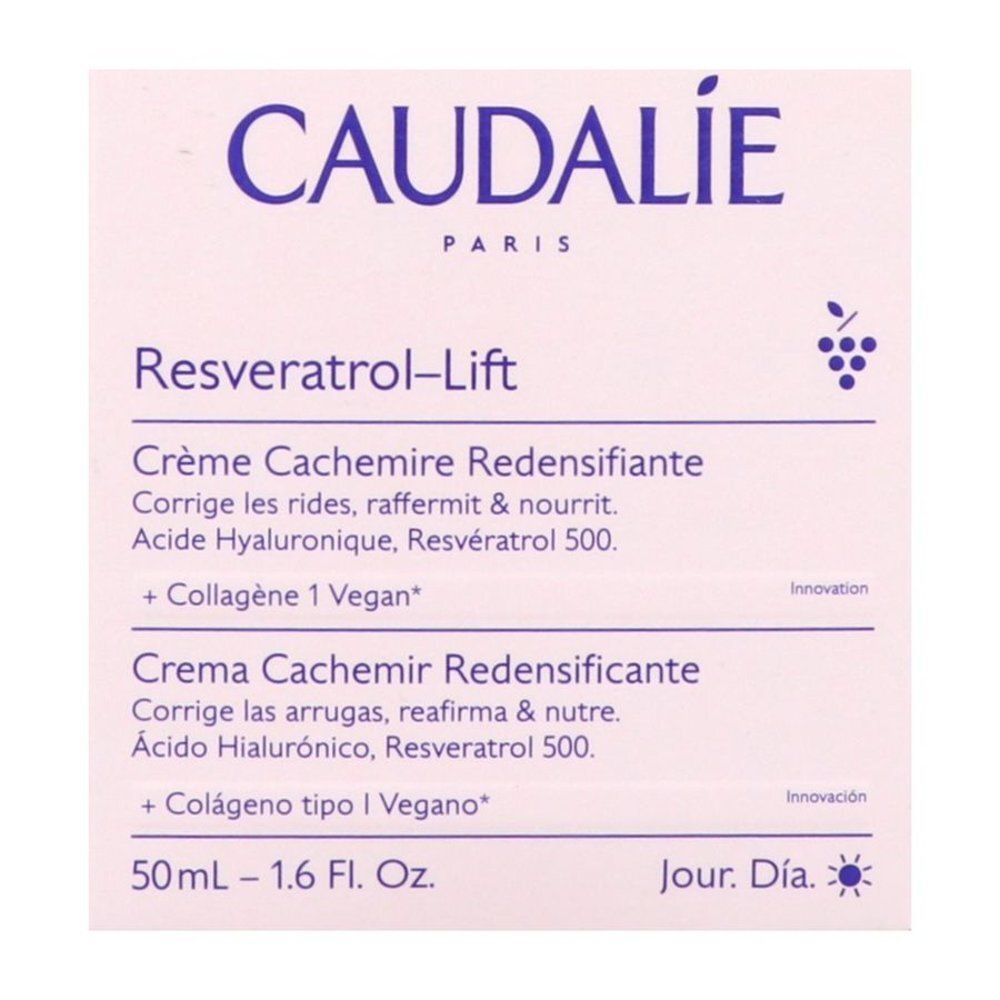 Witte achtergrond met tekst. CAUDALIE PARIS. Resveratrol-Lift. Crème Cachemire Redensifiante. 50ml - 1.6 Fl. Oz. Dag-symbool.
