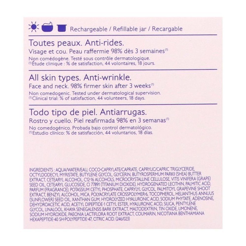 Texte sur fond blanc. Tous types de peaux. Anti-rides. Ingrédients. Pot rechargeable.