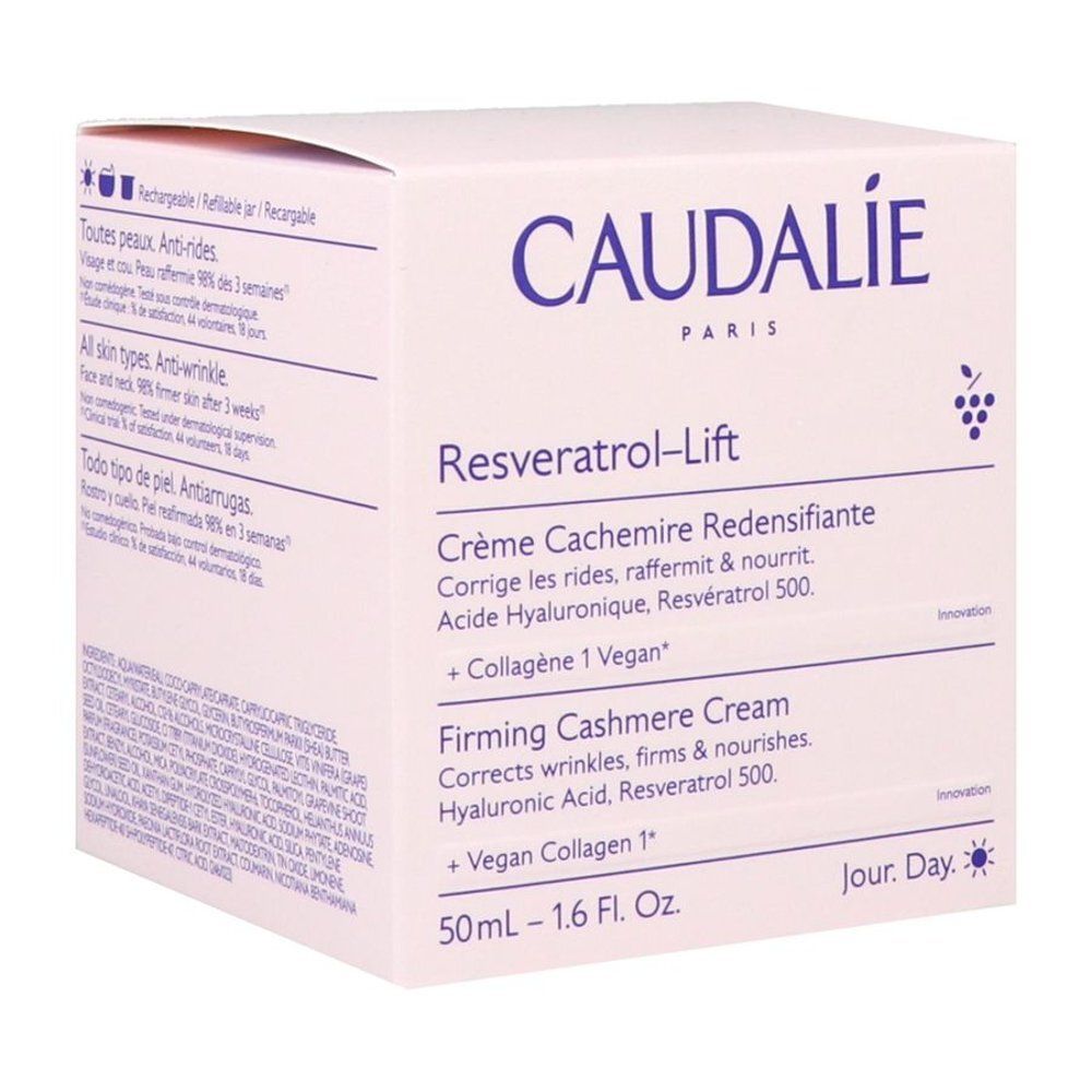 Boîte blanche avec texte. CAUDALIE PARIS. Resveratrol-Lift. Crème Cachemire Redensifiante. 50ml - 1.6 Fl. Oz. Symbole jour.