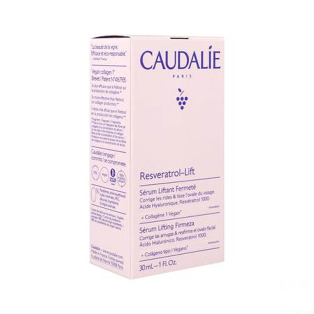 Emballage Caudalie. Inscription: Caudalie, Resveratrol-Lift, Sérum Liftant Fermeté, Instant Firming Serum.
