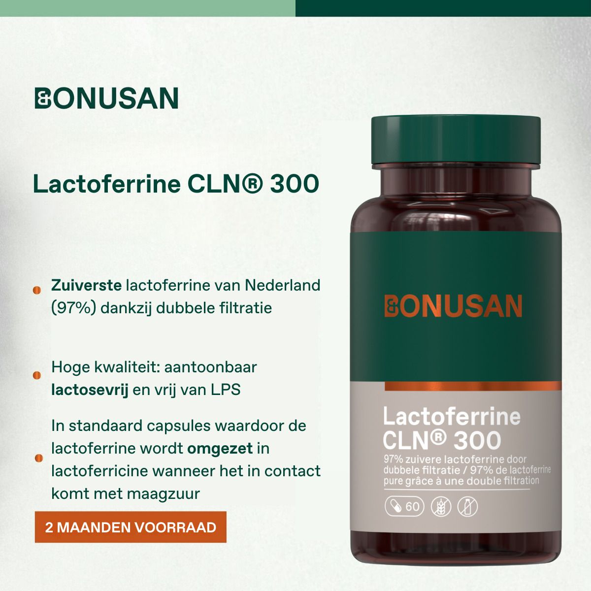 Groene fles met productnaam Lactoferrine CLN® 300. Tekst over lactoferrine en 60 capsules.