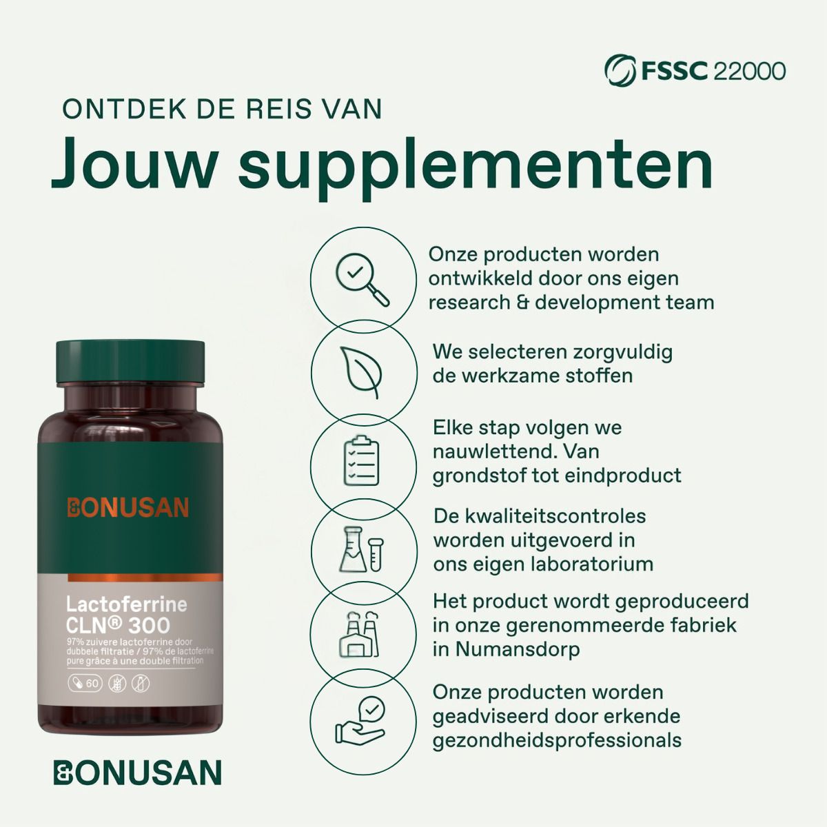 Fles met capsules. Tekst over de reis van uw supplementen en kwaliteitslabels.
