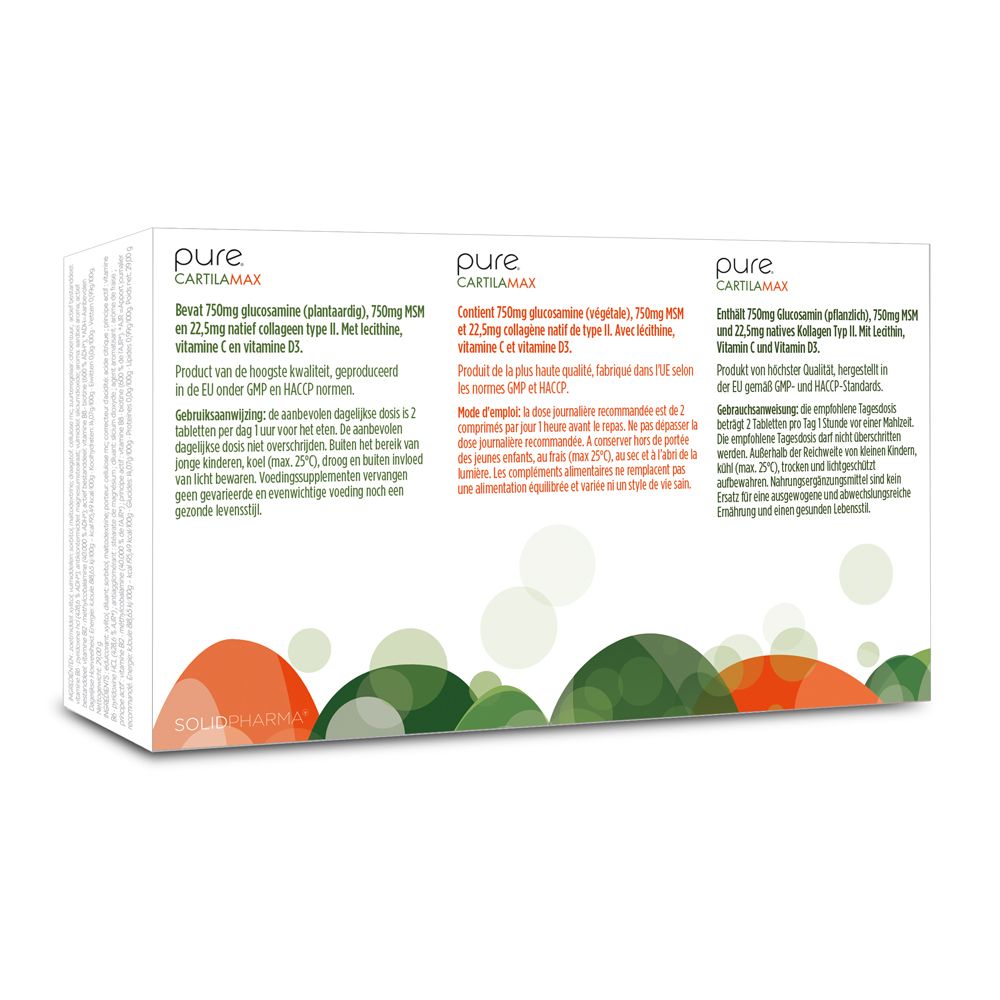 Achterkant van de "pure. CARTILAMAX" doos. Tekst met ingrediënten en voedingswaarde-informatie in meerdere talen.