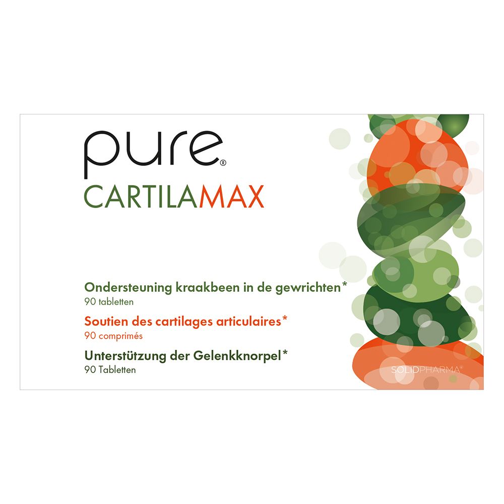 Boîte blanche avec logo "pure. CARTILAMAX". Contient 90 comprimés. Ingrédients et informations nutritionnelles imprimés.