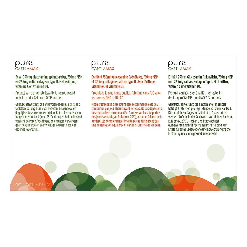 Dos de la boîte "pure. CARTILAMAX". Texte avec ingrédients et informations nutritionnelles en plusieurs langues.