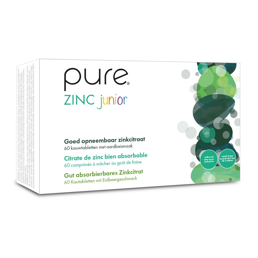Witte doos "pure ZINC junior". Bevat 60 kauwtabletten. Opschrift: Zinkcitraat, 5mg zink, aardbeiensmaak.