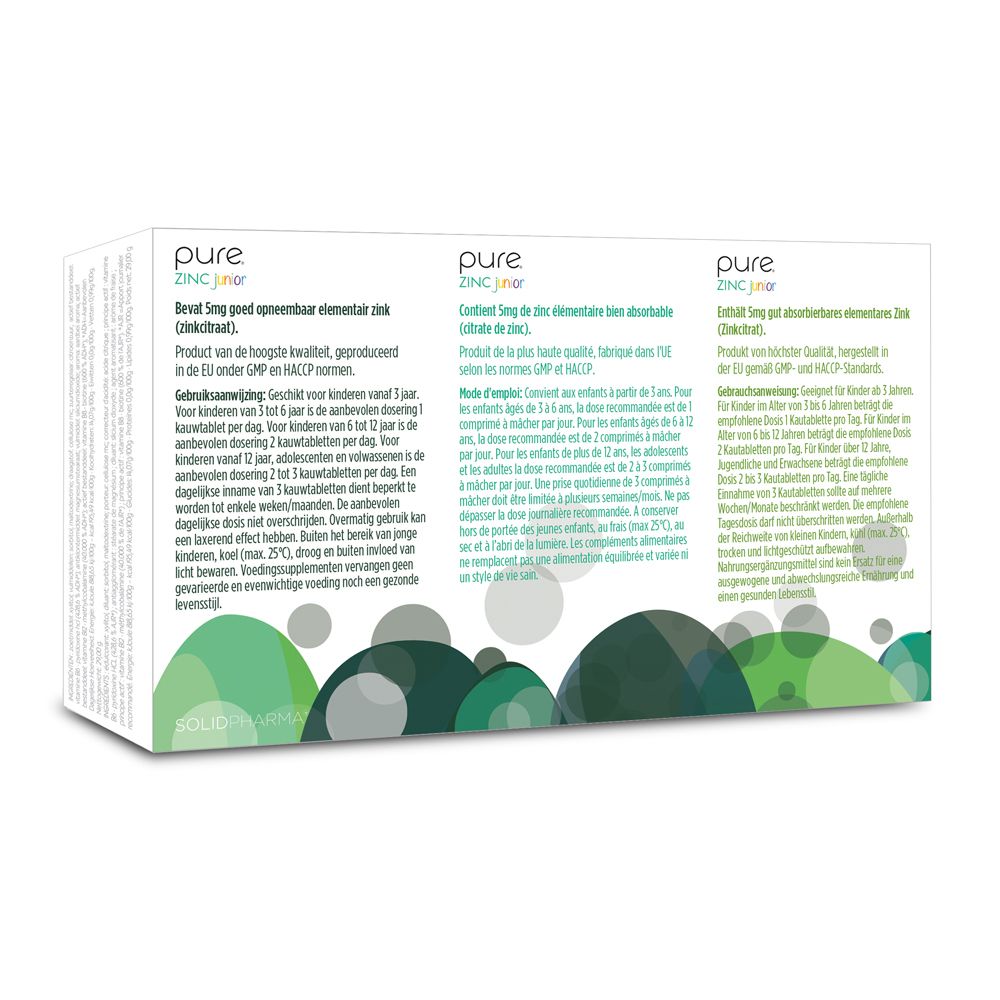 Witte doos "pure ZINC junior". Opschrift: Zinkcitraat, 5mg zink, aardbeiensmaak. Achterkant met tekst en barcode.