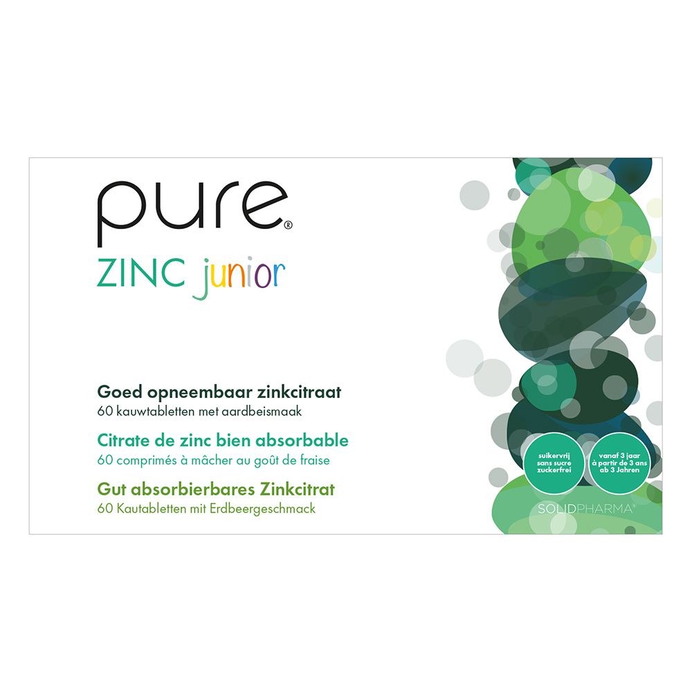 Witte doos "pure ZINC junior". Bevat 60 kauwtabletten. Opschrift: Zinkcitraat, 5mg zink, aardbeiensmaak.