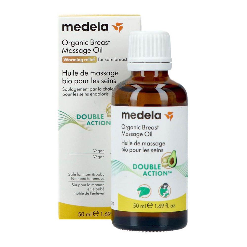 Flacon et emballage du produit. Inscription : Medela, Organic Breast Massage Oil, Huile de massage bio pour les seins. Avec symbole d'avocat.