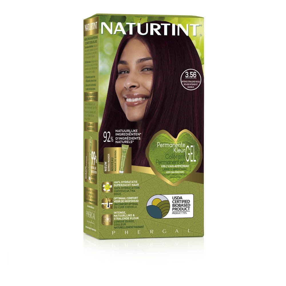 Haarkleurverpakking Natuurtint 3.56. Vrouw met product. Opschrift: Permanente Kleur Colorant Gel. 92% natuurlijke ingrediënten.