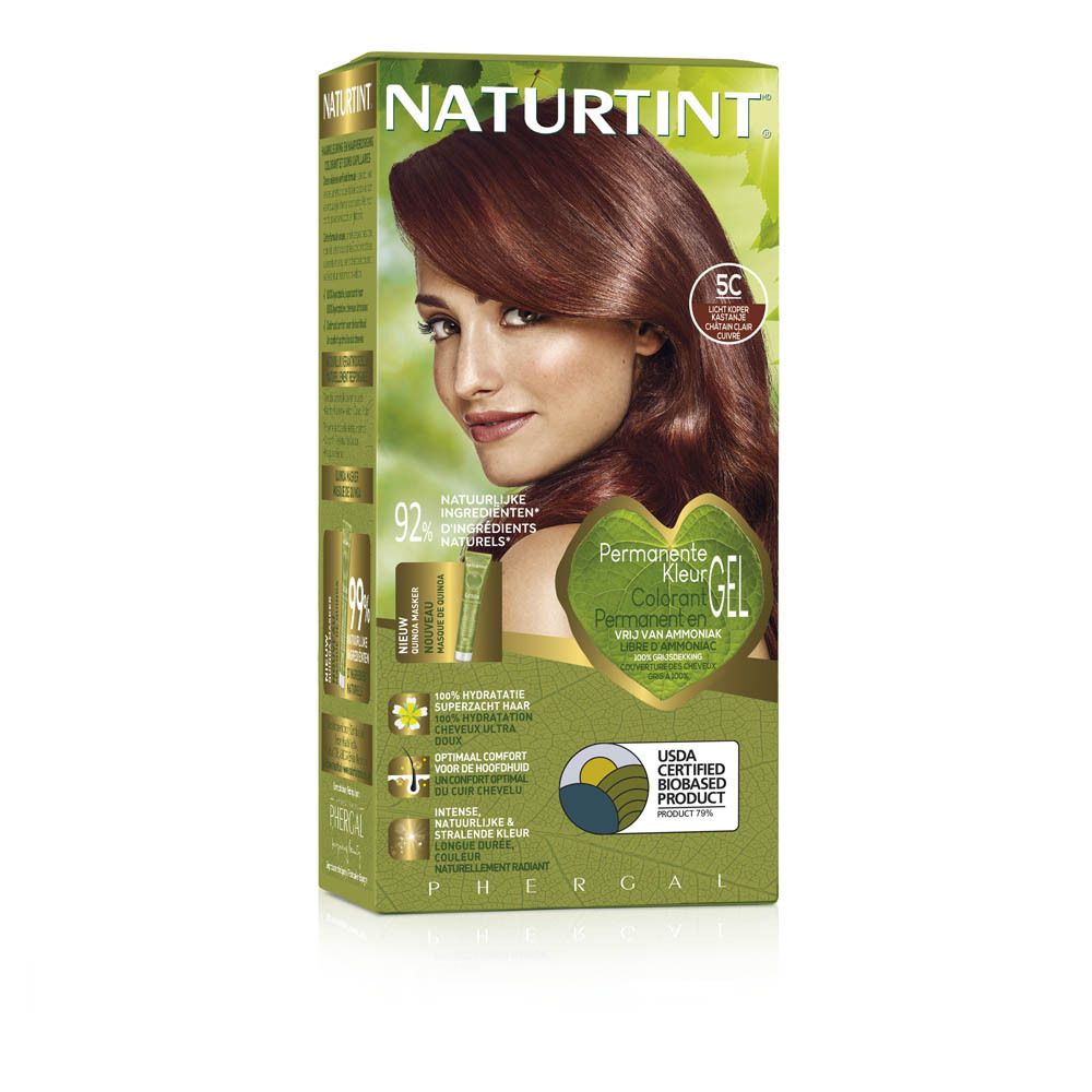 Coloration Natuurtint 5C Châtain Clair Cuivré. Boîte avec femme et résultat. Formule gel, couleur permanente.