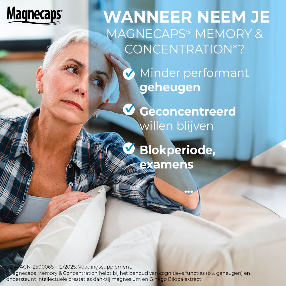 Reclamebeeld met MAGNECAPS® Memory & Concentration. Tekst: Samenstelling per dagdosering. Magnesium, B6, Ginkgo.