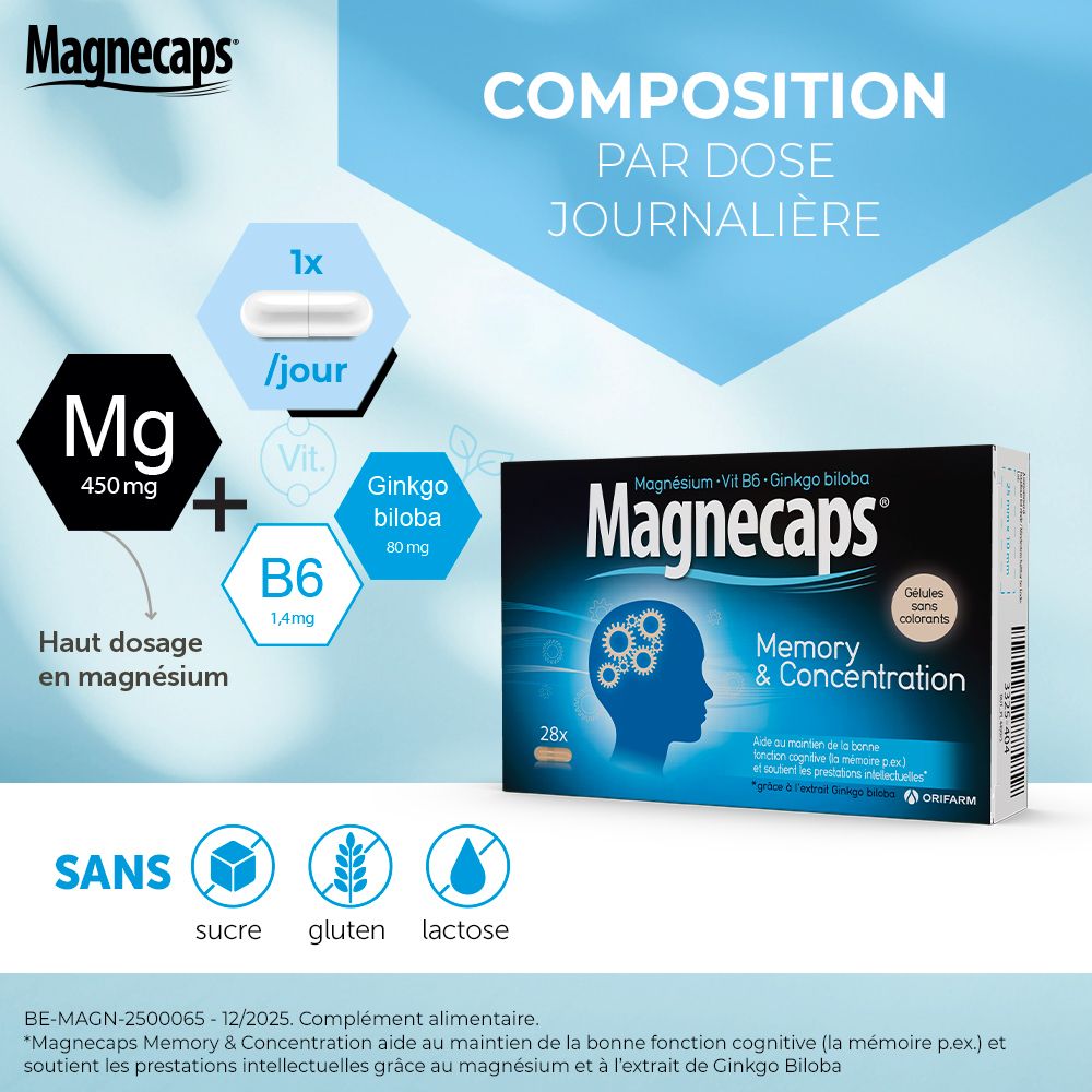 Visuel publicitaire avec MAGNECAPS® Memory & Concentration. Texte : Besoin de concentration ? Produit et texte sur fond bleu.