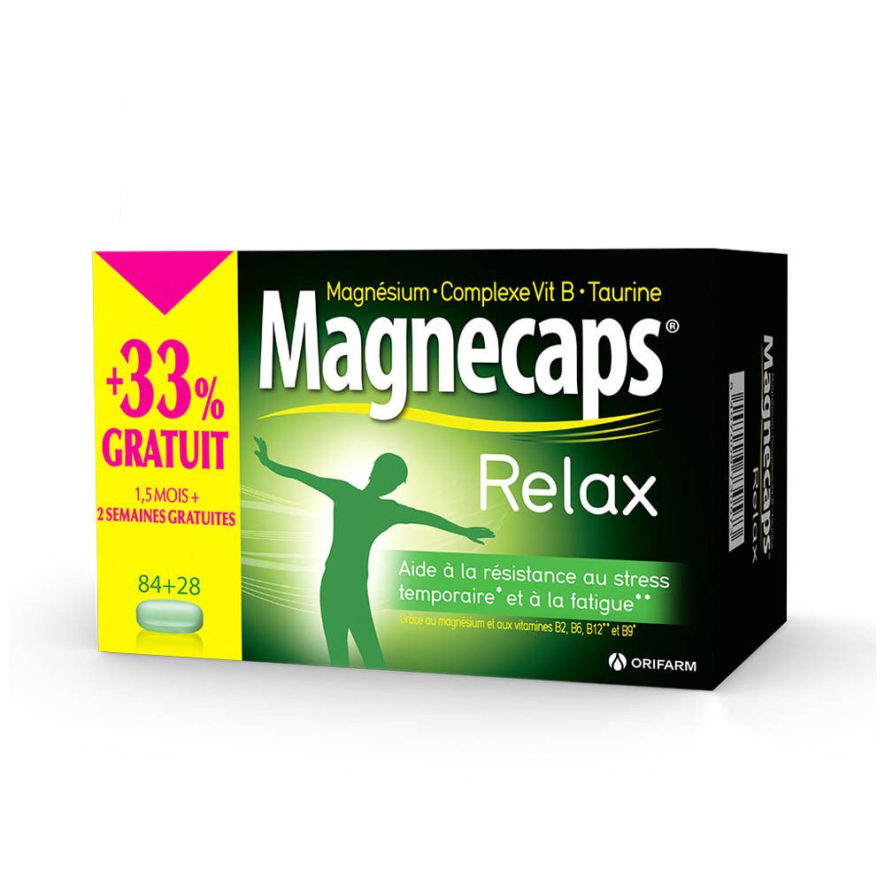 Boîte de Magnecaps Relax. Emballage vert et jaune avec texte et illustration d'une personne. Contient 84+28 gélules. 33% gratuit.