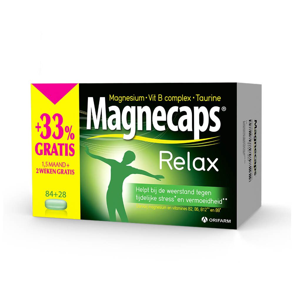 Verpakking Magnecaps Relax. Groen-gele doos met productnaam, figuur en tekst. Bevat 84+28 capsules.