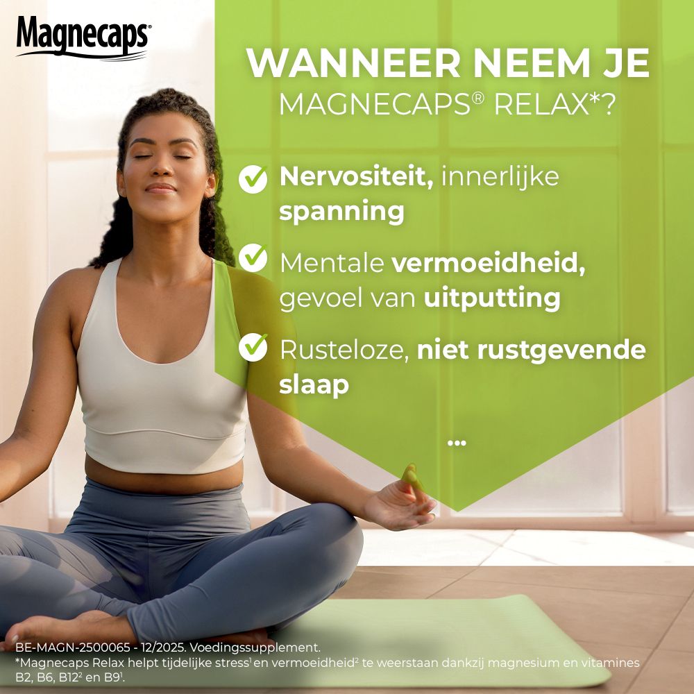 Doos Magnecaps Relax, +33% GRATIS. Bevat 84+28 tabletten. Groen, wit, zwart en geel.