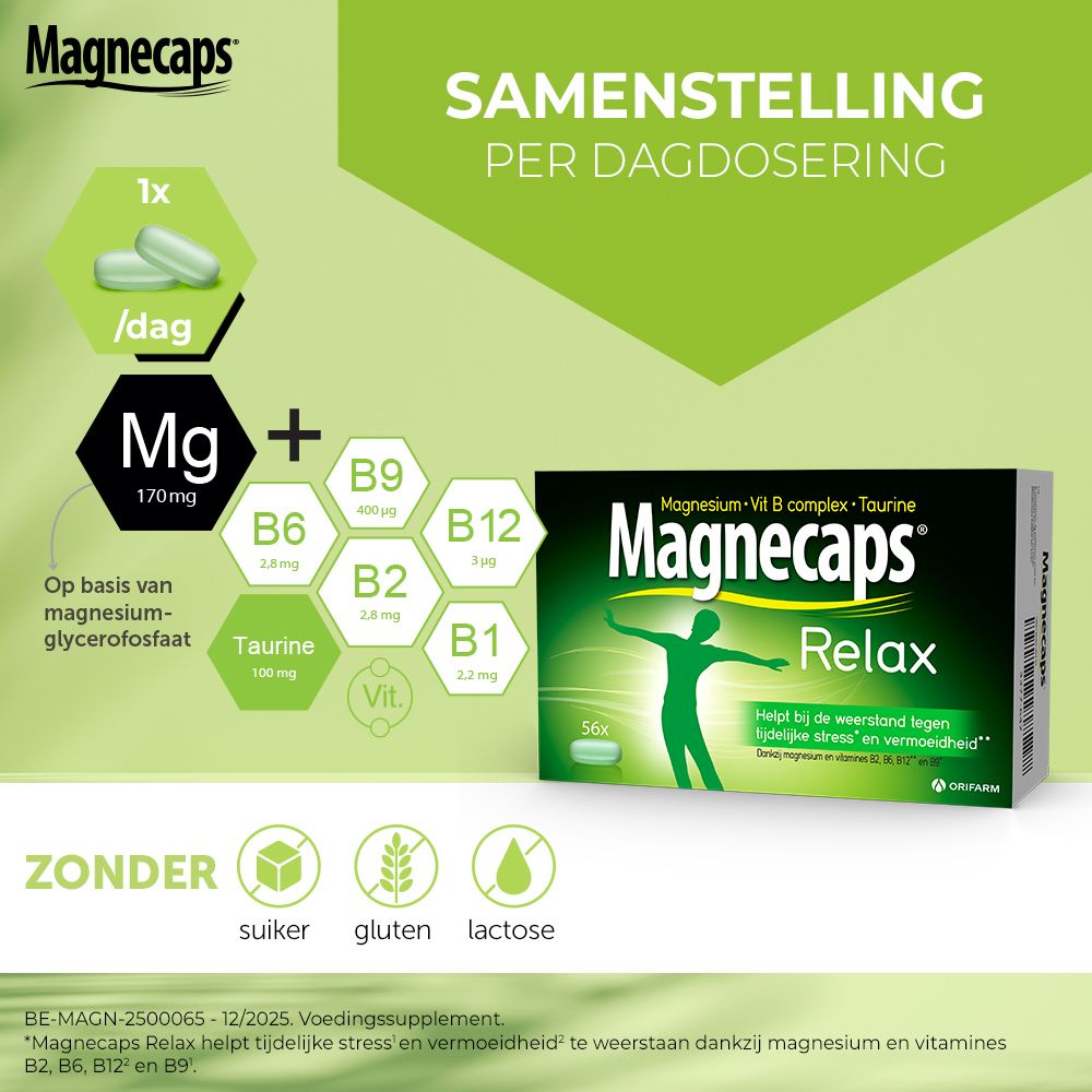Doos Magnecaps Relax, +33% GRATIS. Bevat 84+28 tabletten. Groen, wit, zwart en geel.