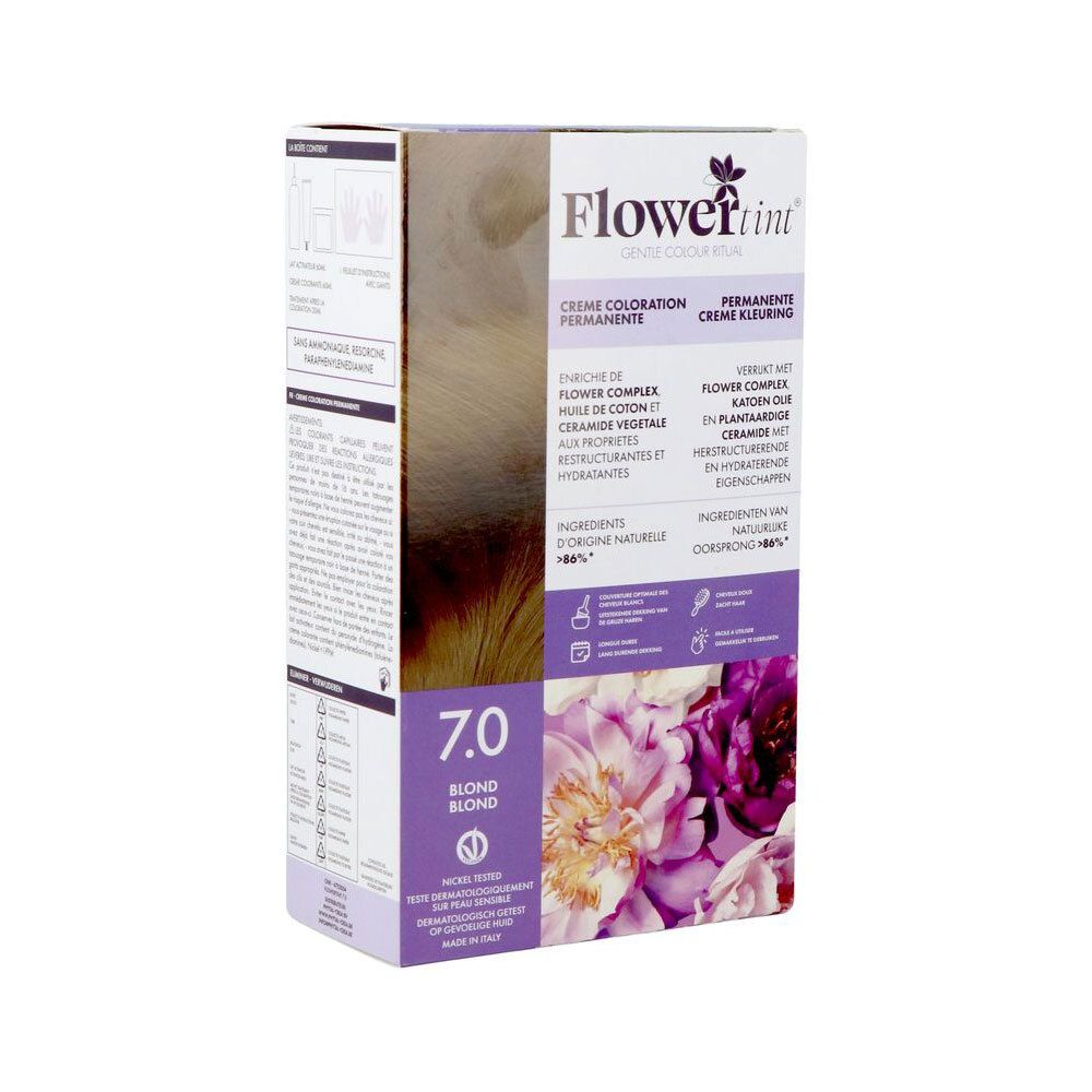 Boîte de FlowerTint Crème Coloration Permanente 7.0 Blond avec motif floral.