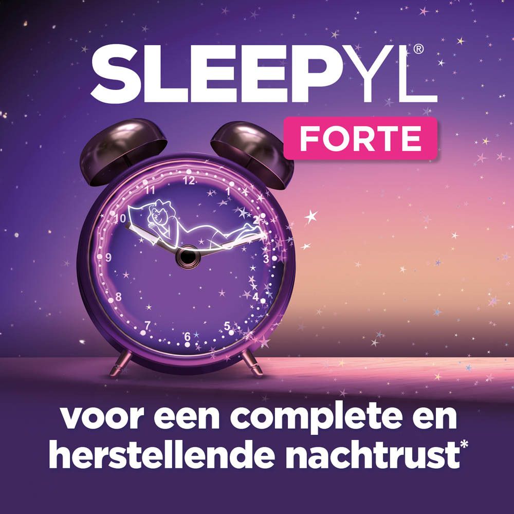 Reclame voor Sleepyl® Forte. Paarse wekker met productnaam. Sterren op de achtergrond.
