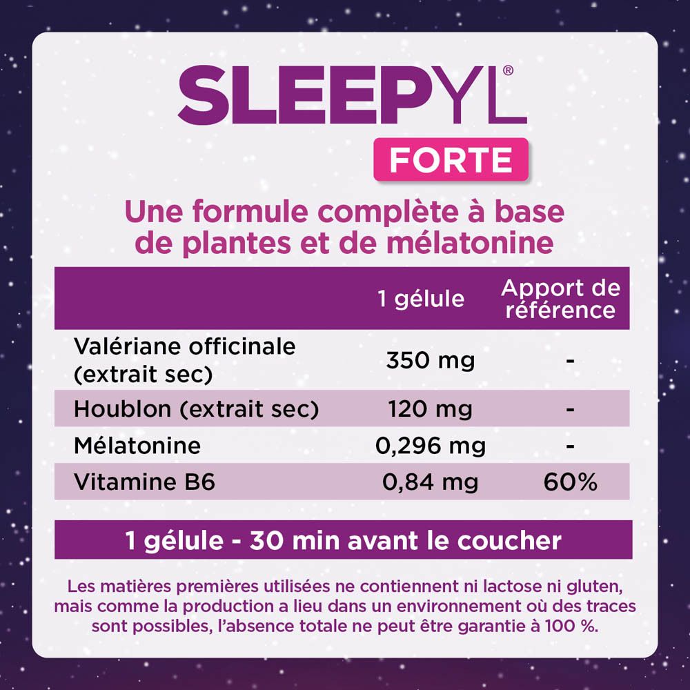 Publicité Sleepyl® Forte. Ingrédients: valériane, houblon, mélatonine, vitamine B6. Tableau.