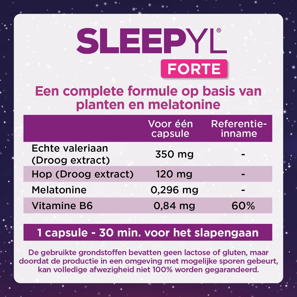 Reclame voor Sleepyl® Forte. Ingrediënten: valeriaan, hop, melatonine, vitamine B6. Tabel.