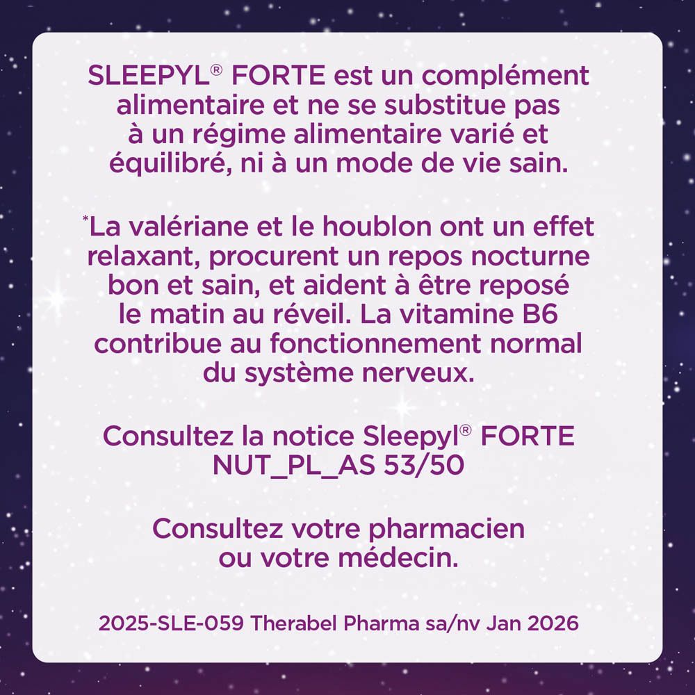 Publicité Sleepyl® Forte. Texte sur les compléments alimentaires et les ingrédients.