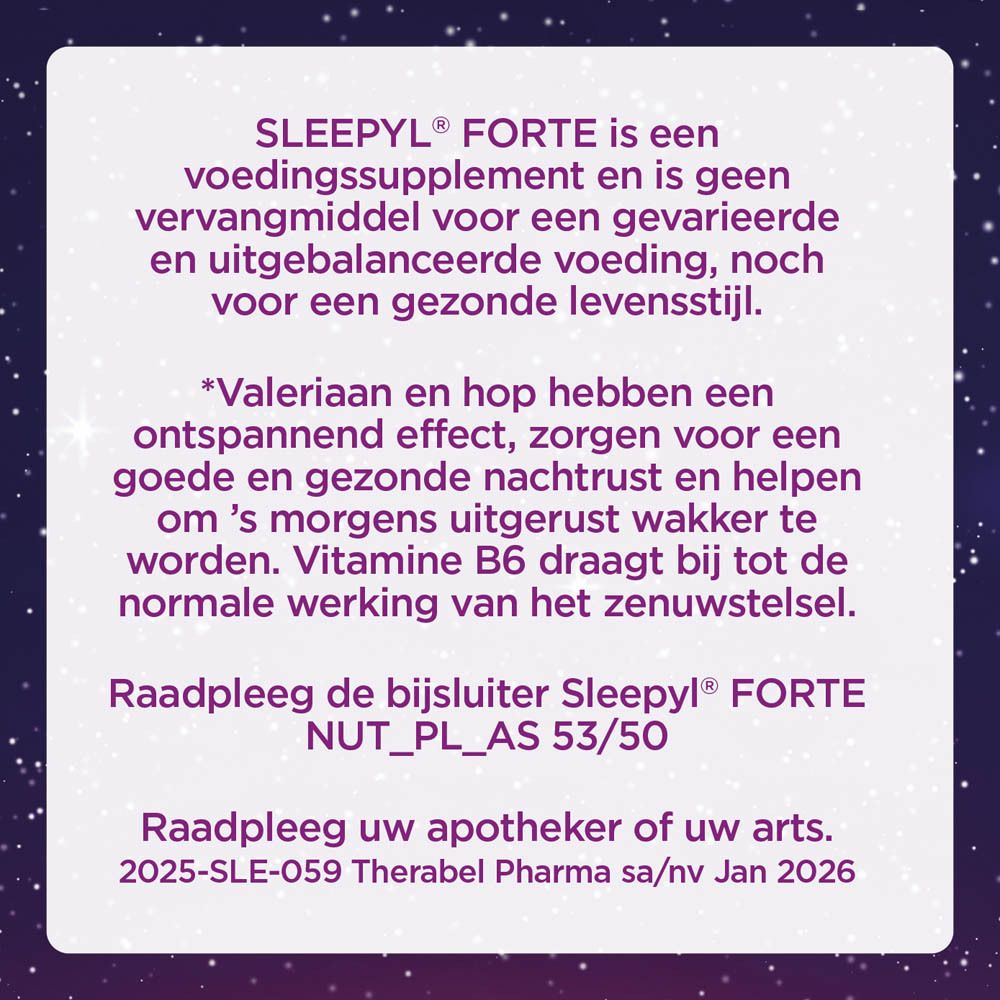 Reclame voor Sleepyl® Forte. Tekst over voedingssupplementen en ingrediënten.