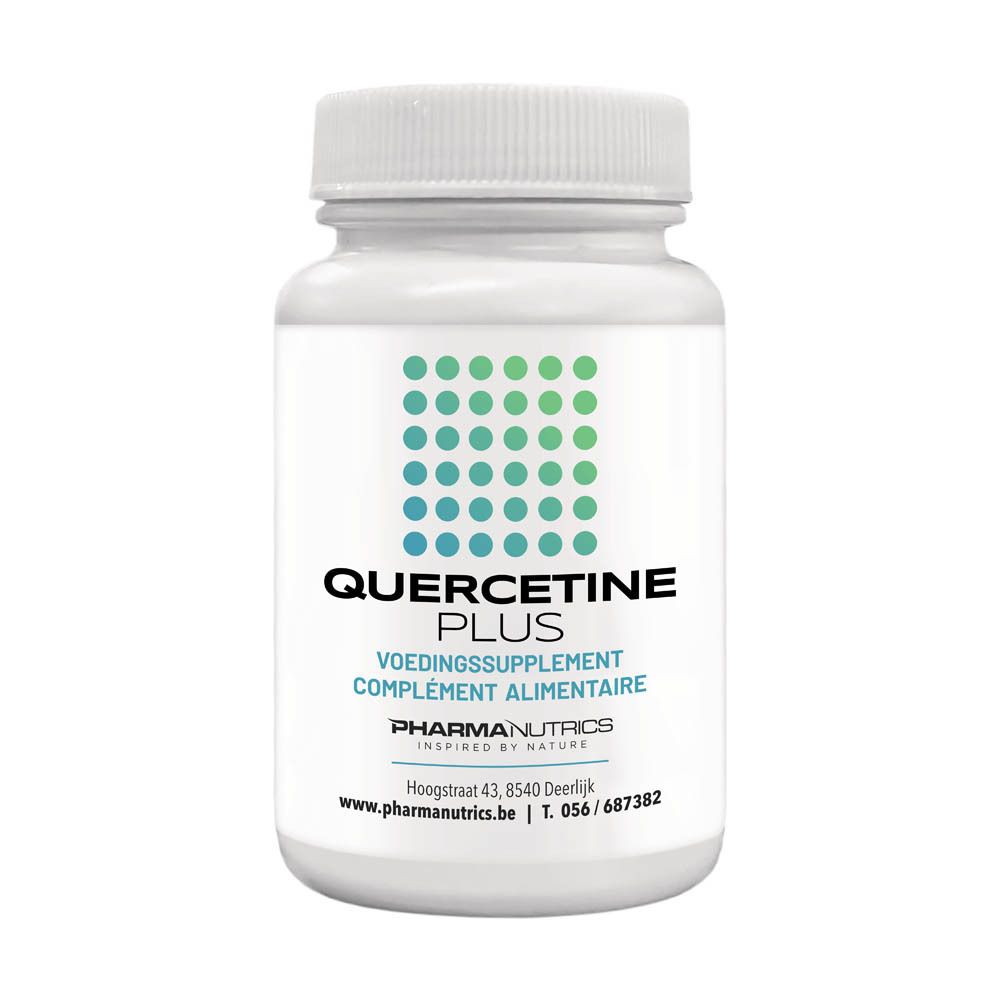 Witte fles met schroefdop. Op het etiket staat "QUERCETINE PLUS", gevolgd door "VOEDINGSSUPPLEMENT" en "COMPLÉMENT ALIMENTAIRE".