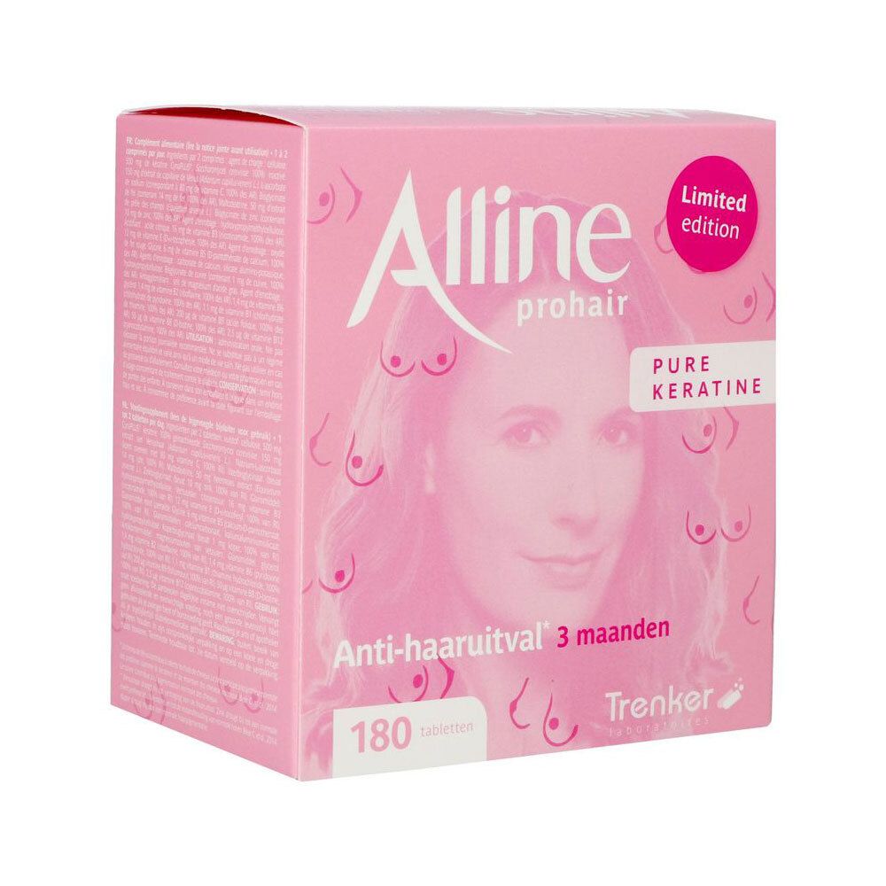 Roze doos Alline prohair. Opschrift: Anti-haaruitval 3 maanden, 180 tabletten. Keratine pure.