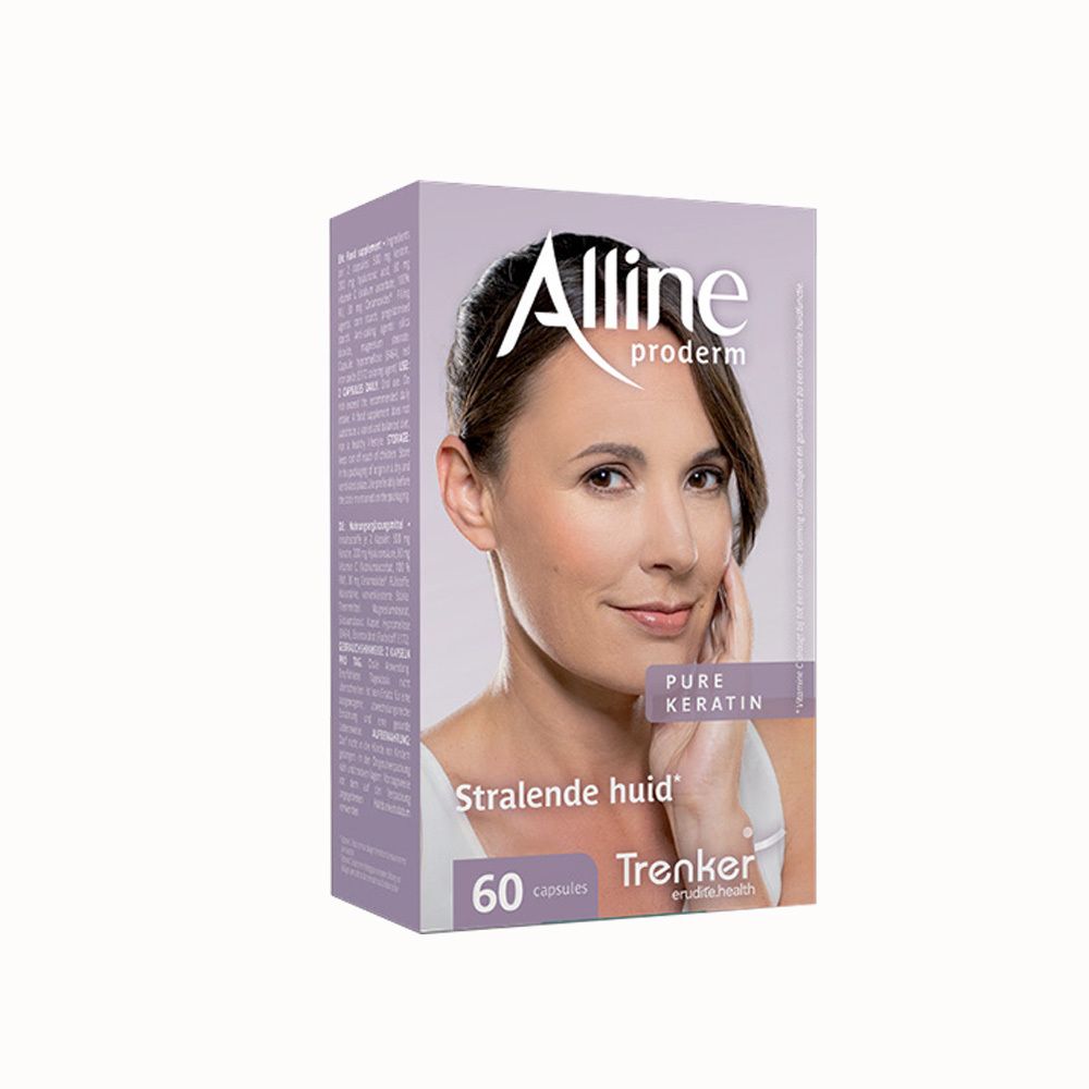 Doos van Alline Proderm met gezicht van vrouw, keratine, collageen en hyaluronzuur. 60 capsules.