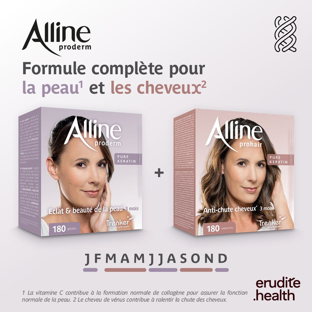 Boîte d'Alline Proderm avec visage de femme, kératine, collagène et acide hyaluronique. 60 gélules.