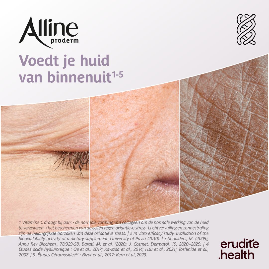 Achterkant van de Alline Proderm capsuleverpakking met ingrediënten en gebruiksaanwijzing.