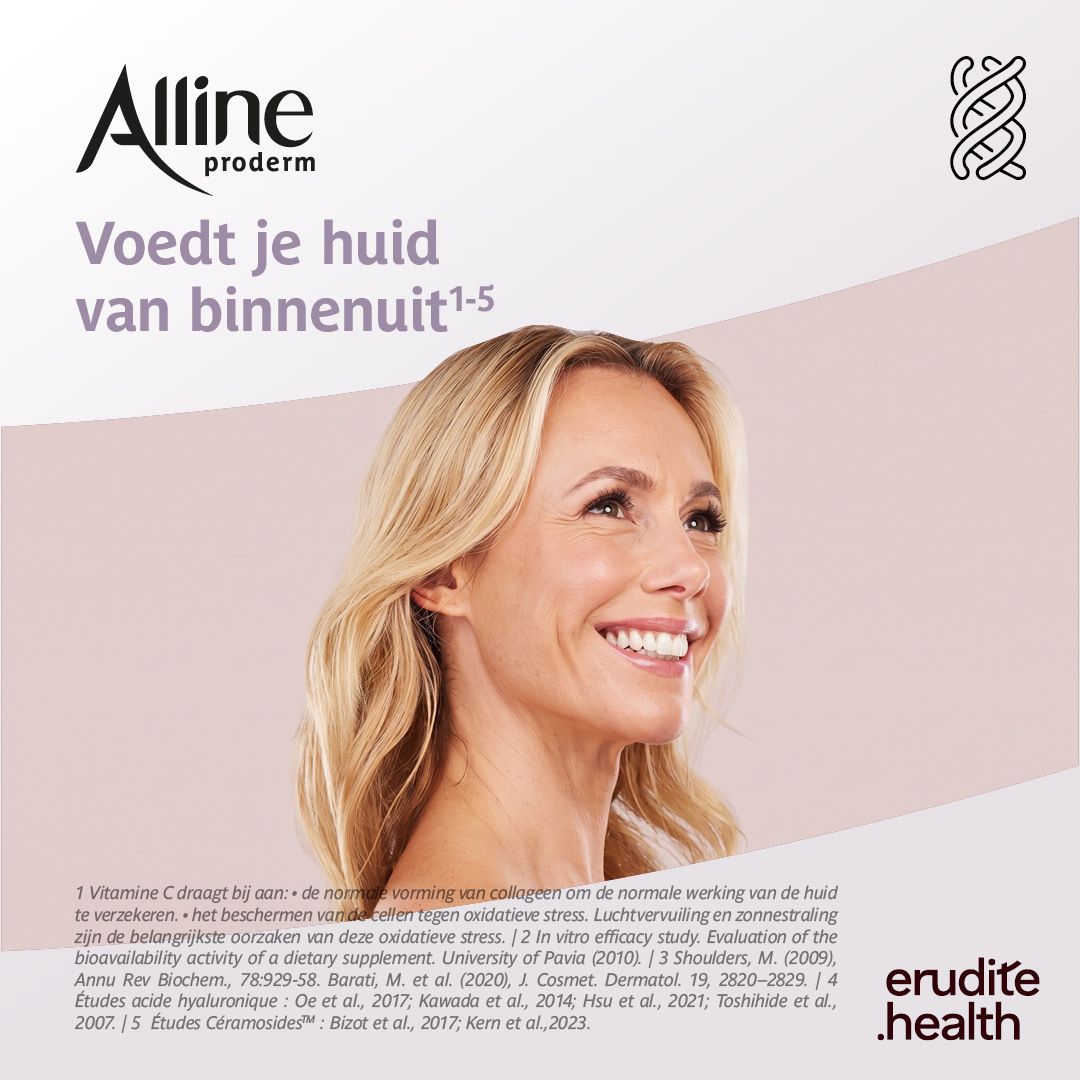 Zijaanzicht van de Alline Proderm capsuleverpakking met productinformatie.