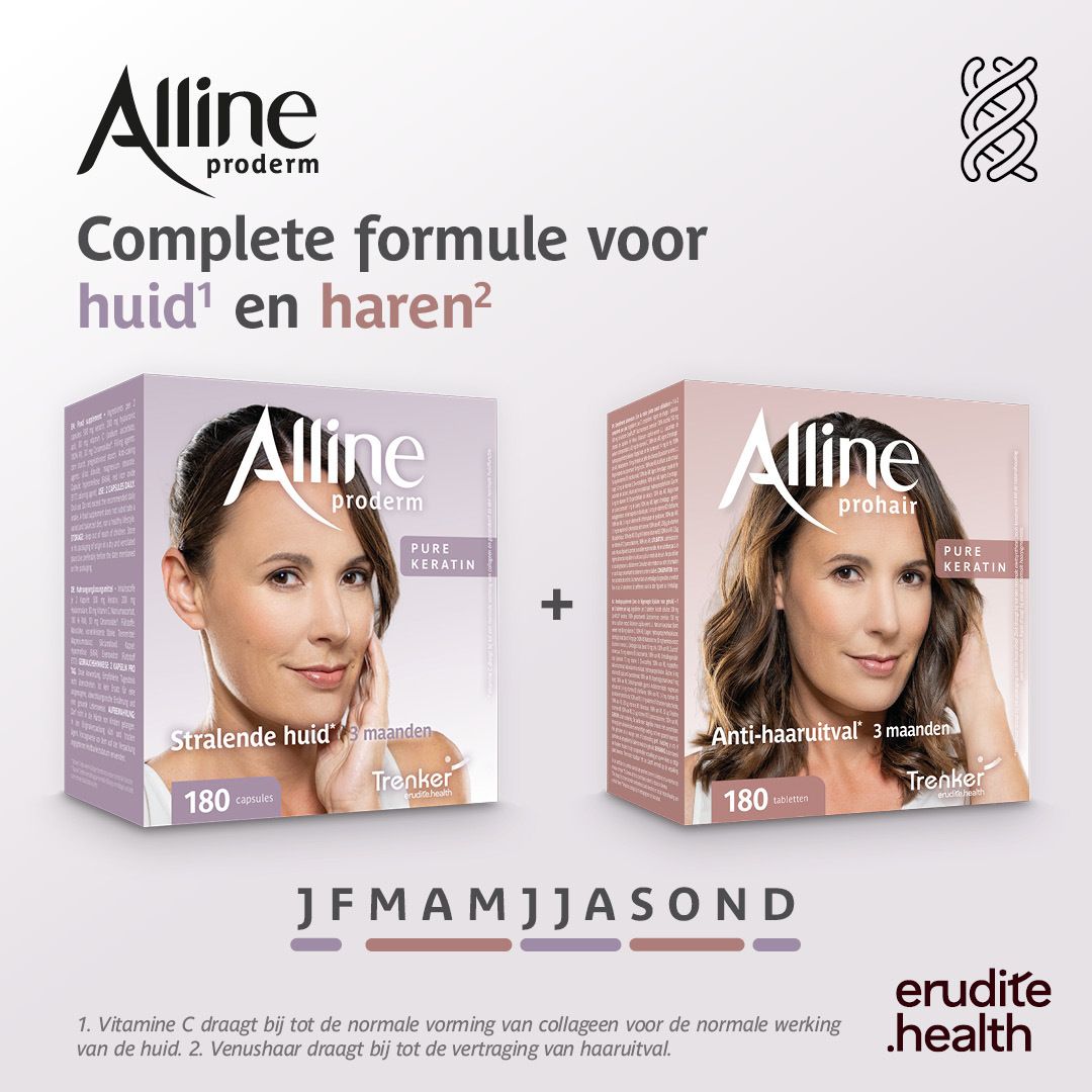 Doos Alline Proderm capsules 180 stuks, gericht op stralende huid.